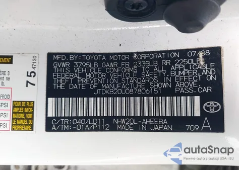 2008 Toyota Prius z USA, uszkodzony, nr VIN JTDKB20U087806151
